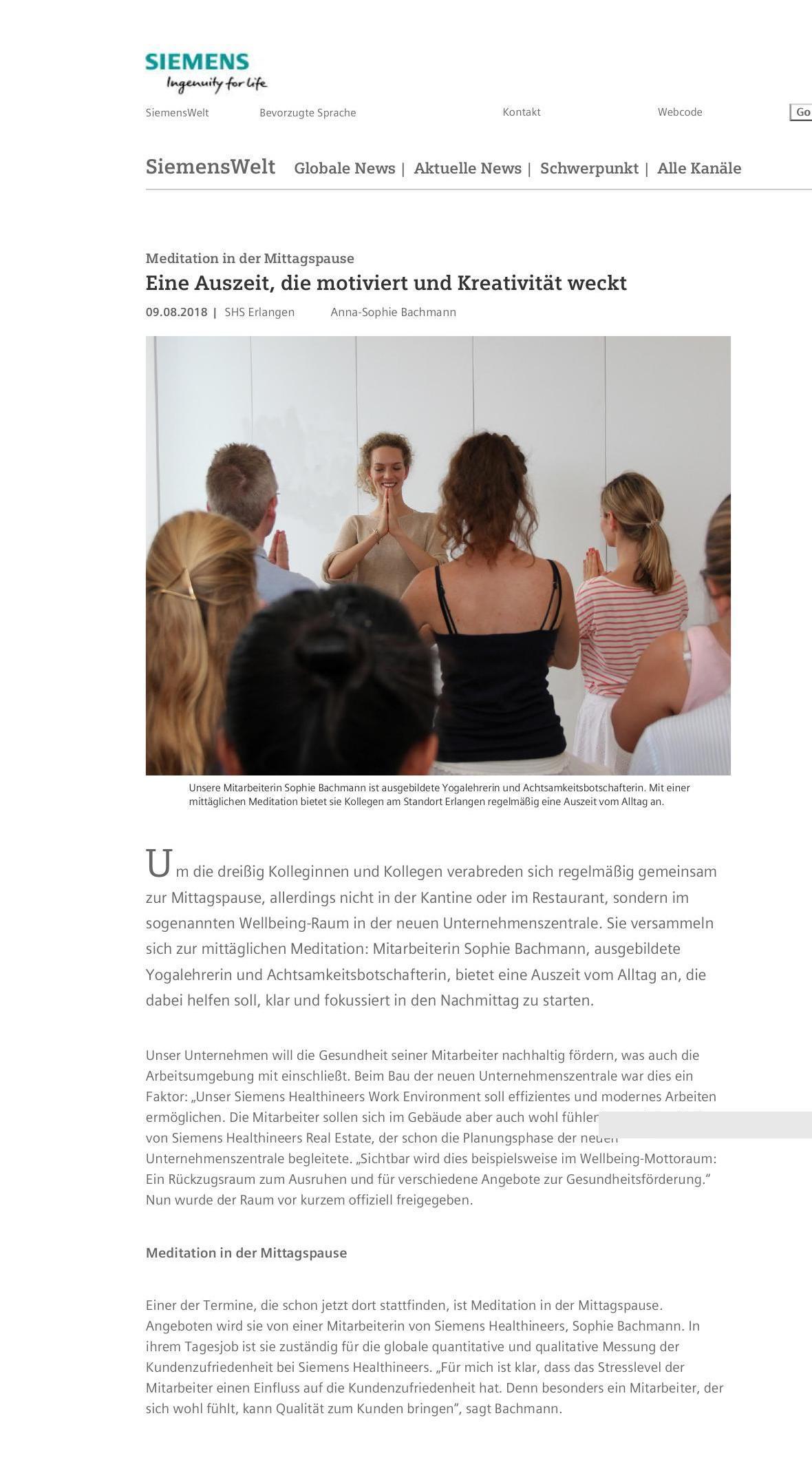 Internal news article on the mindfulness initiative.
