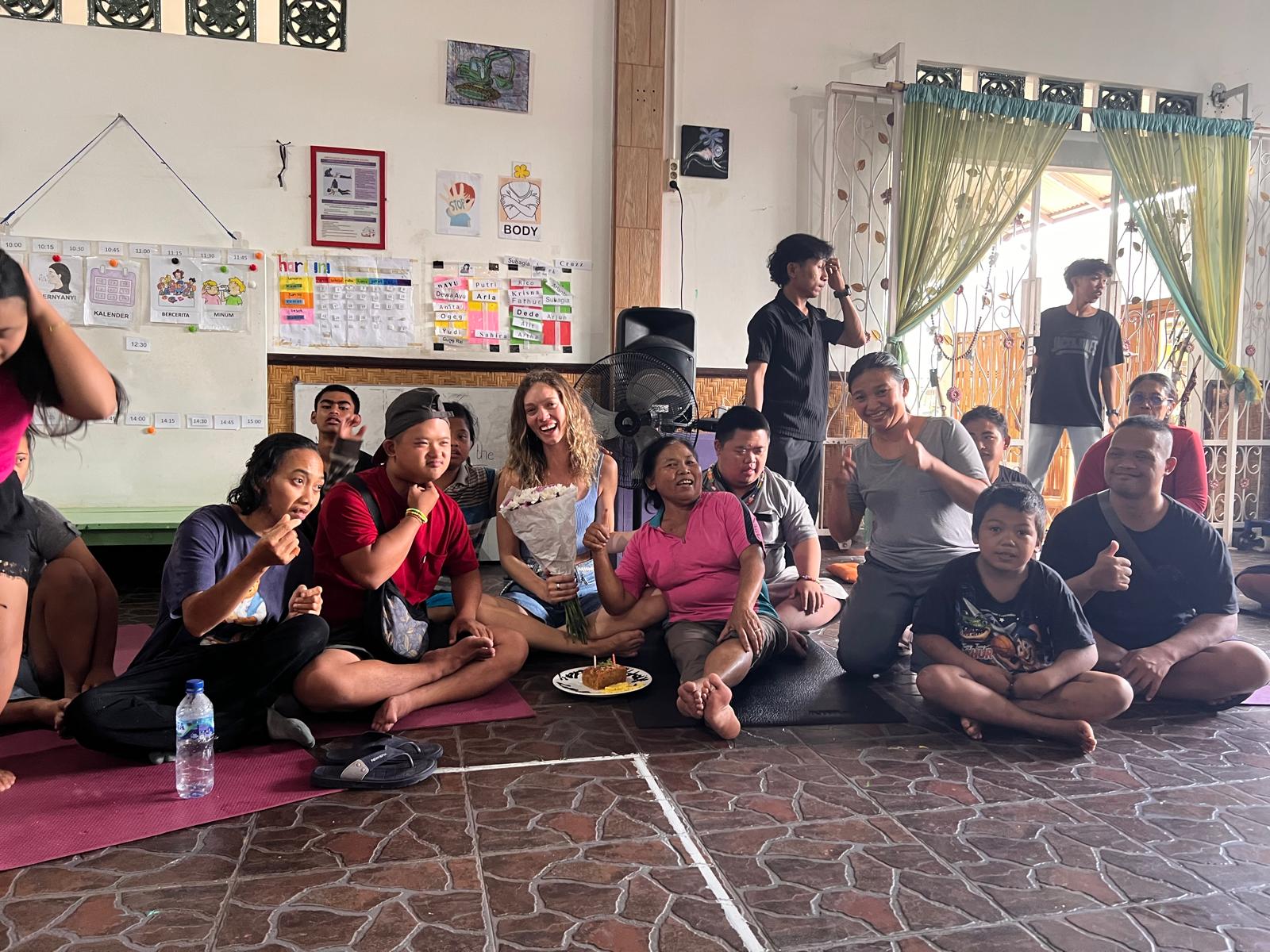 Sophie with the Sari Hati School community