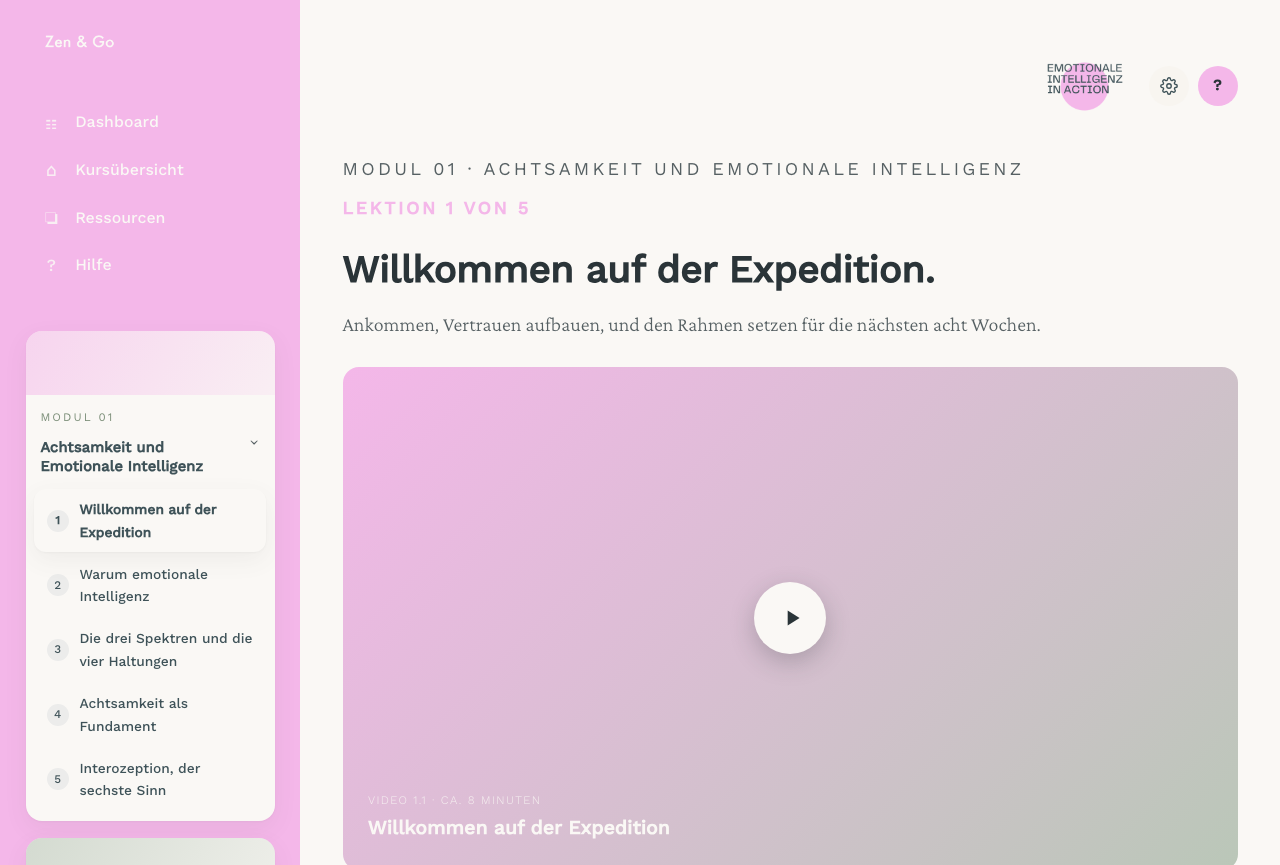 Preview of the learning platform: module overview and lesson with video